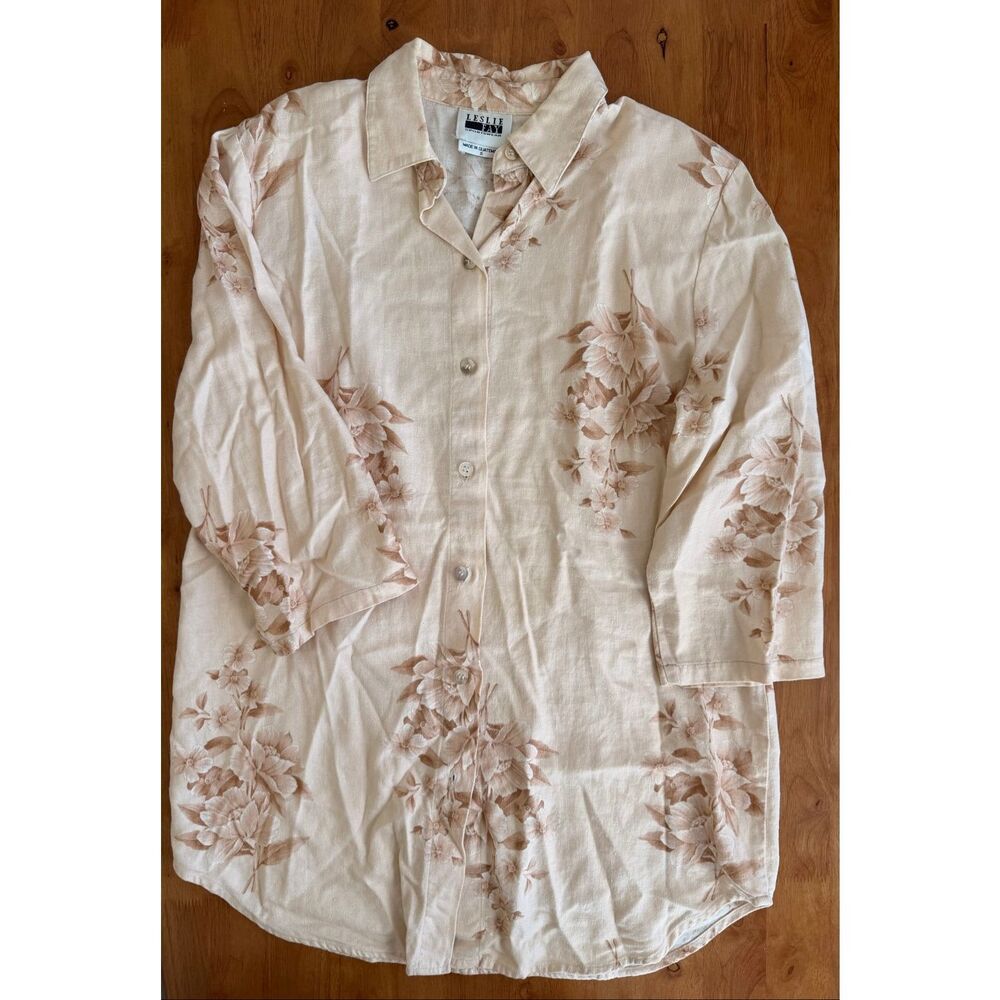 Leslie Fay Womens Button Up‎ Blouse Floral Tan 3/4 Sleeve Sz Small
